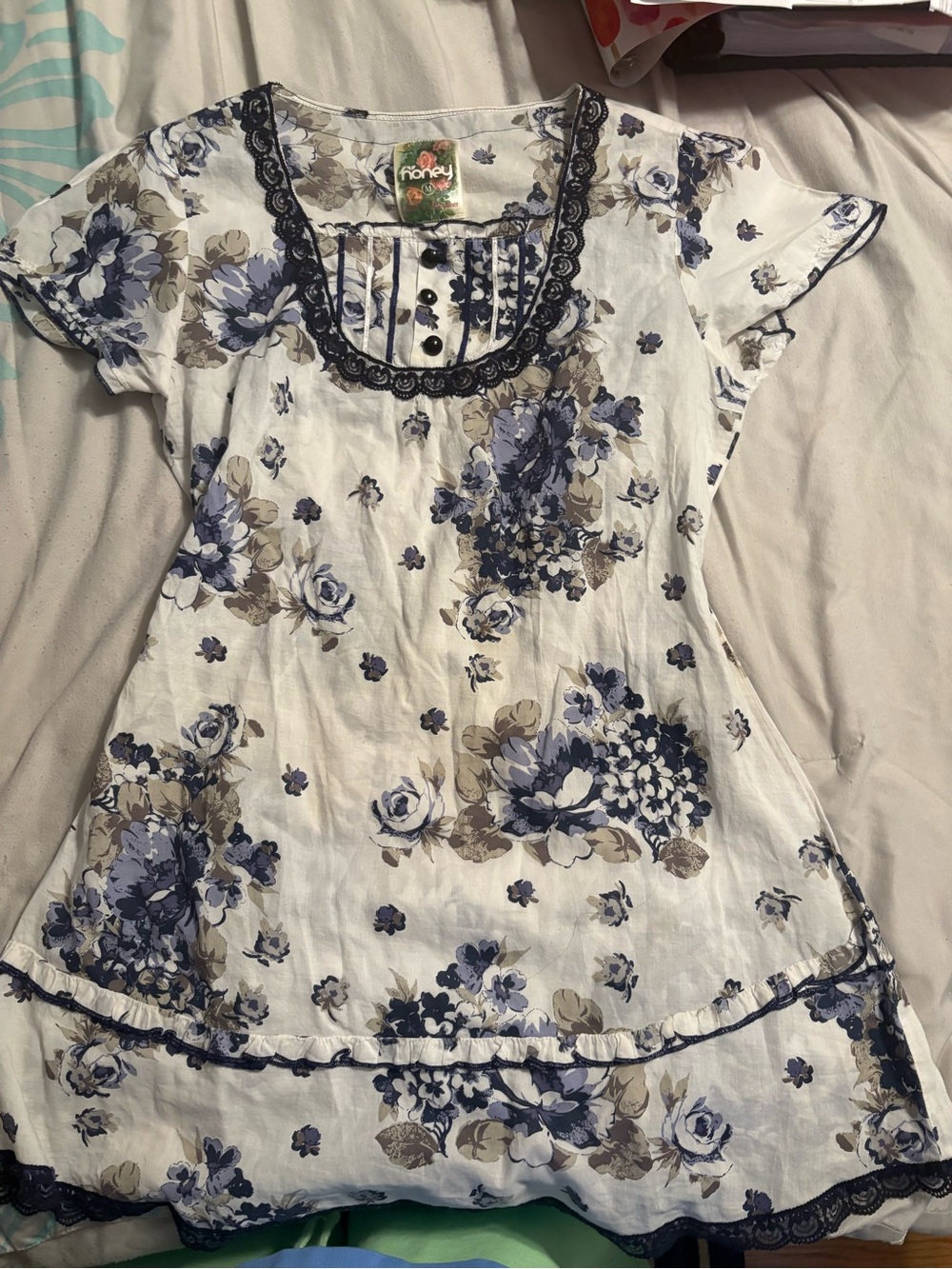 Honey Floral Lace-Trim Short Sleeve Tunic Dress - Blue & Beige